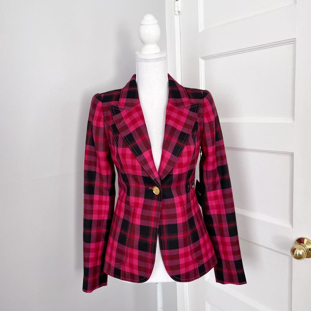 NWT Smythe Pink Plaid Duchess Patch Pocket Wool Blazer Jacket Checkered Size 0